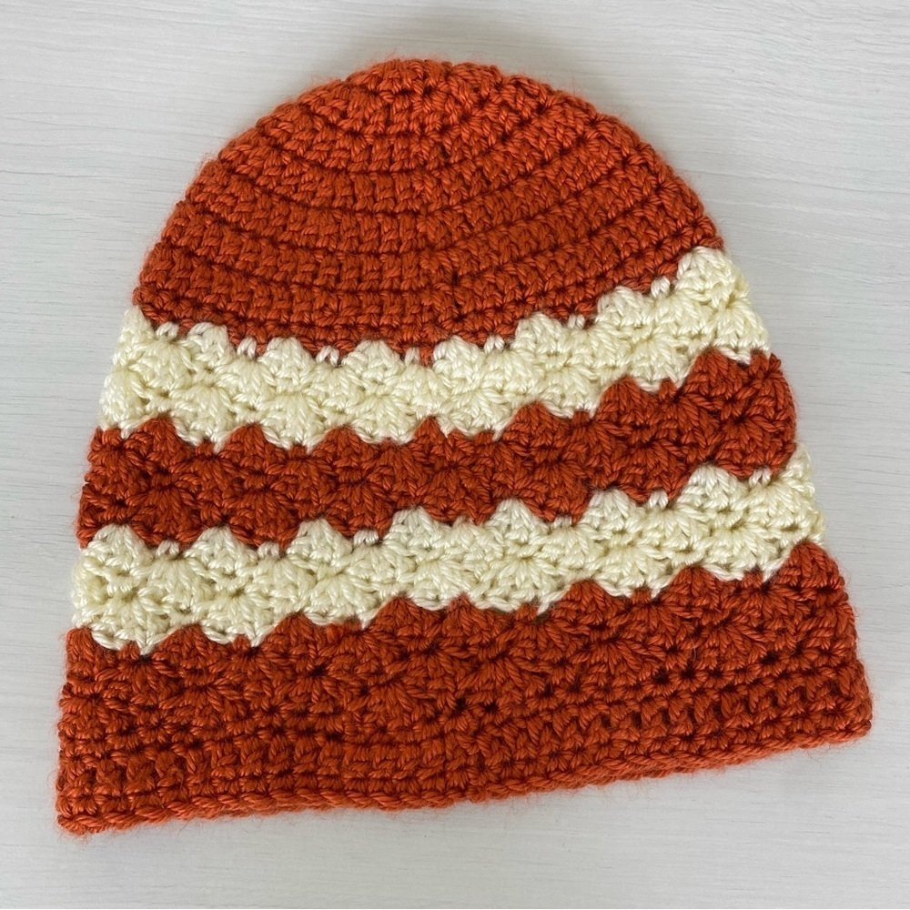 Handmade Women's Boho Slouchy Crocheted Beanie Hat OS Rust Ivory Floral Bands